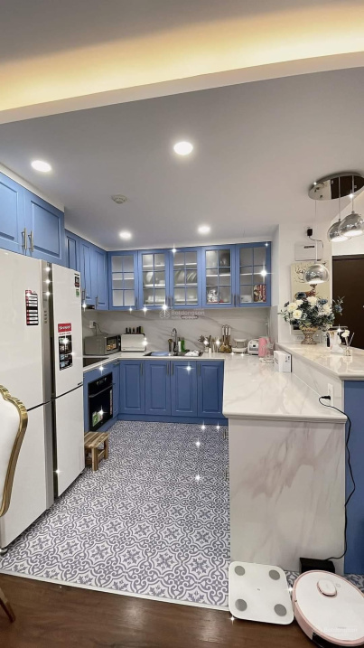 Modern Blue Kitchen Apartment with Stylish Bedroom