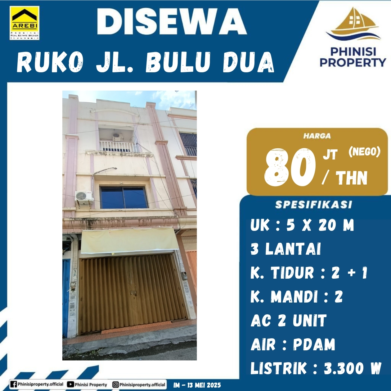 3-Story Ruko for Rent on Bulu Dua Street