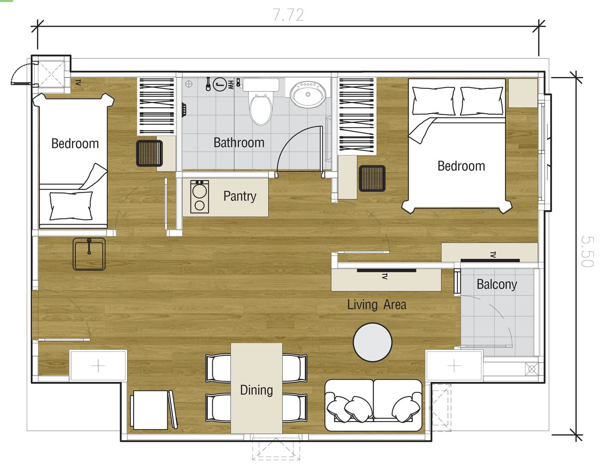 2 Bedroom Corner Condo, Fully Furnished, Convenient Location