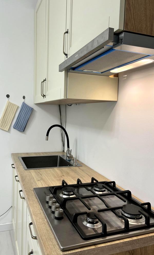 Two-room apartment with high ceilings, gas heating, and balconies