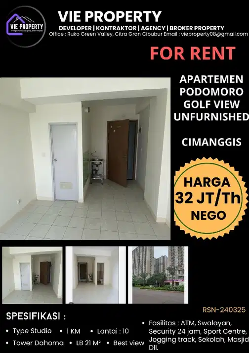 Unfurnished Studio with Golf View in Podomoro