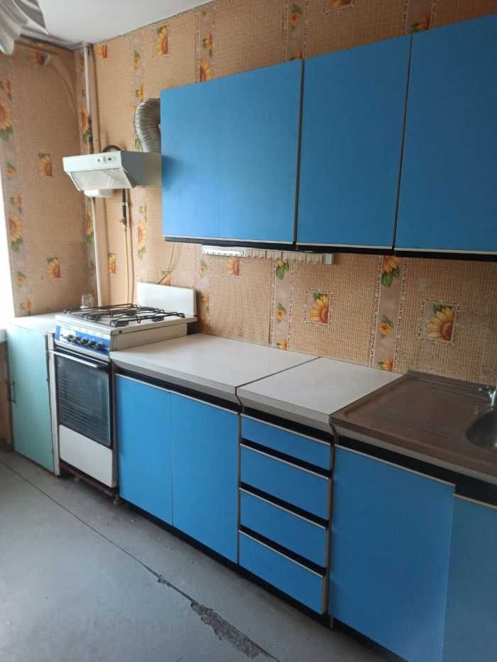 Cozy apartment with blue kitchen and classic interior